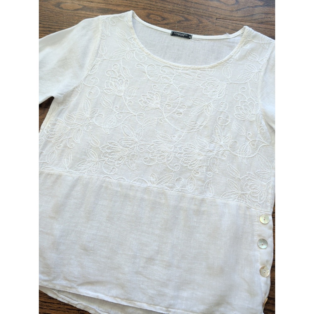 Lungo L'Arno White Linen Top Floral Embroidered Roll Tab Sleeve Sz S